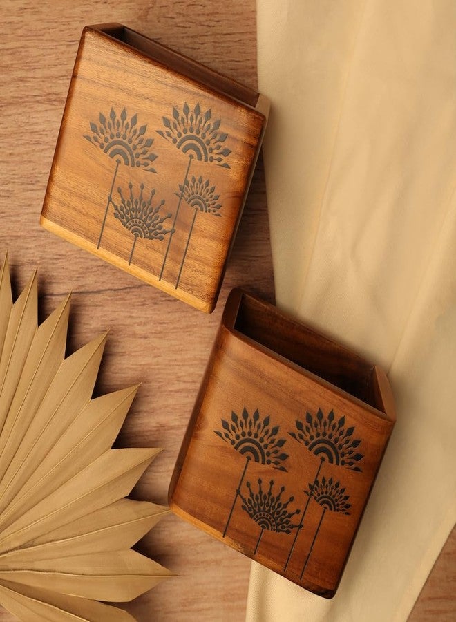 bambaiSe Teak Wood Mandala Art, Floral Design Spoon Holder, Cutlery Holder, Rectangle Shape, Natural Brown, Clear Matte Finish - Image 2